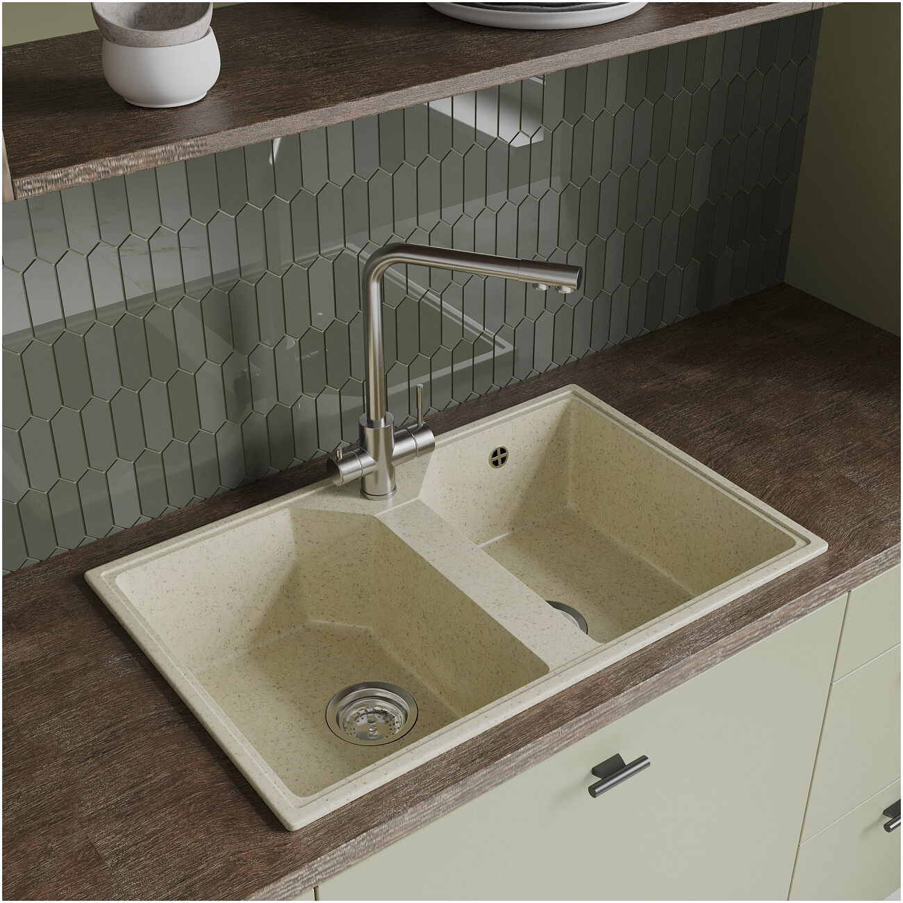 Мойка кухонная из искусственного мрамора двойная бежевая Domaci "Палермо" PR-770-002 - изображение 8