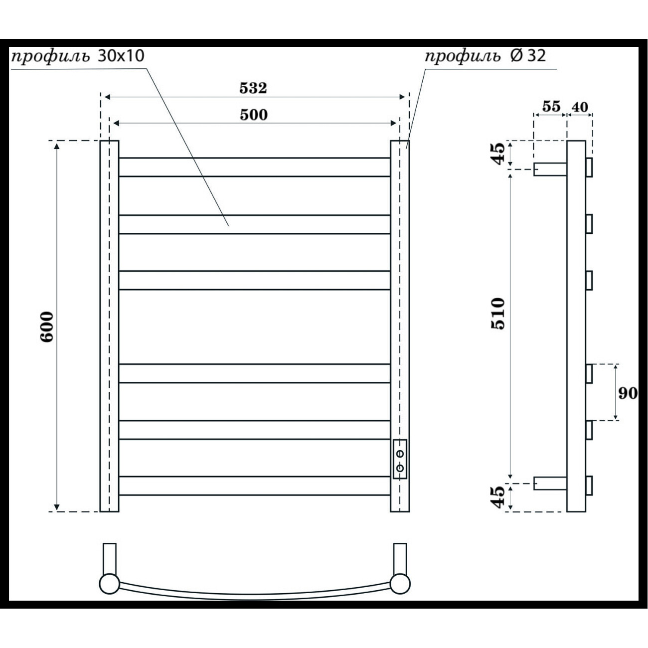 Полотенцесушитель электрический 60х50 см черный Point "Антея П6" PN17856B - изображение 2