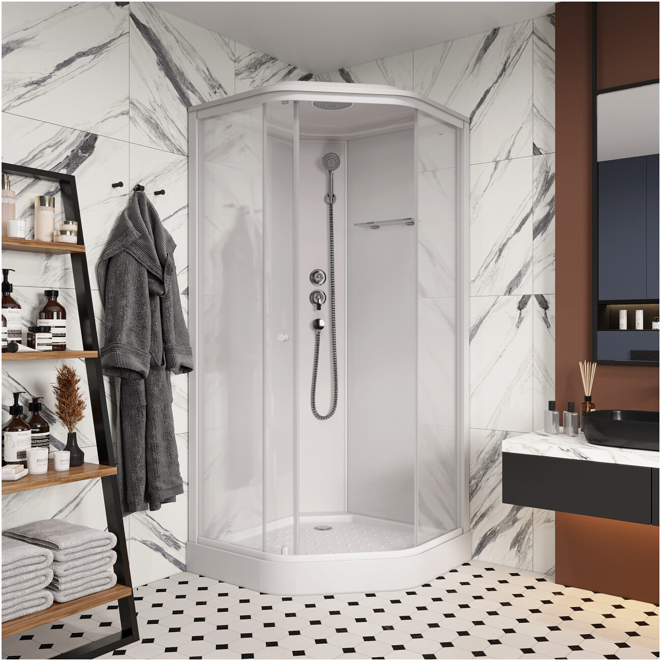 Душевая кабина пятиугольная с низким поддоном 90х90 см белая Parly P91 - изображение 6