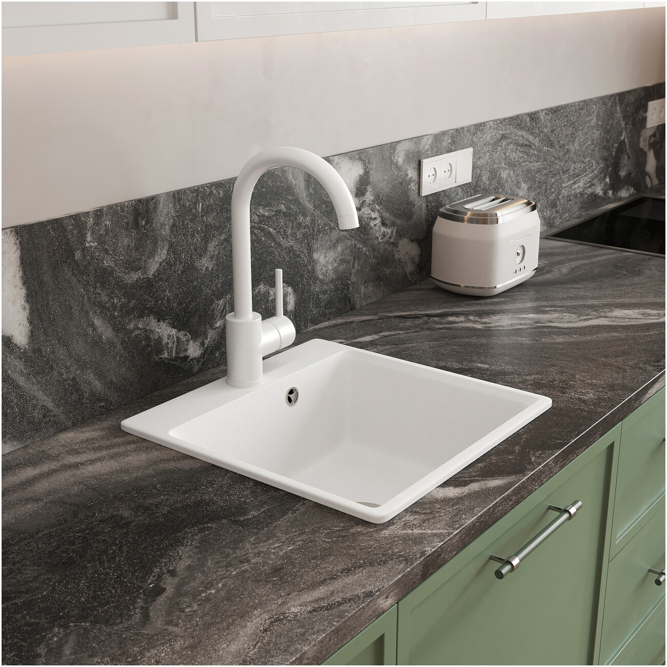 Мойка кухонная из искусственного гранита квадратная белая Domaci "Верона" 44-44 белая - изображение 4