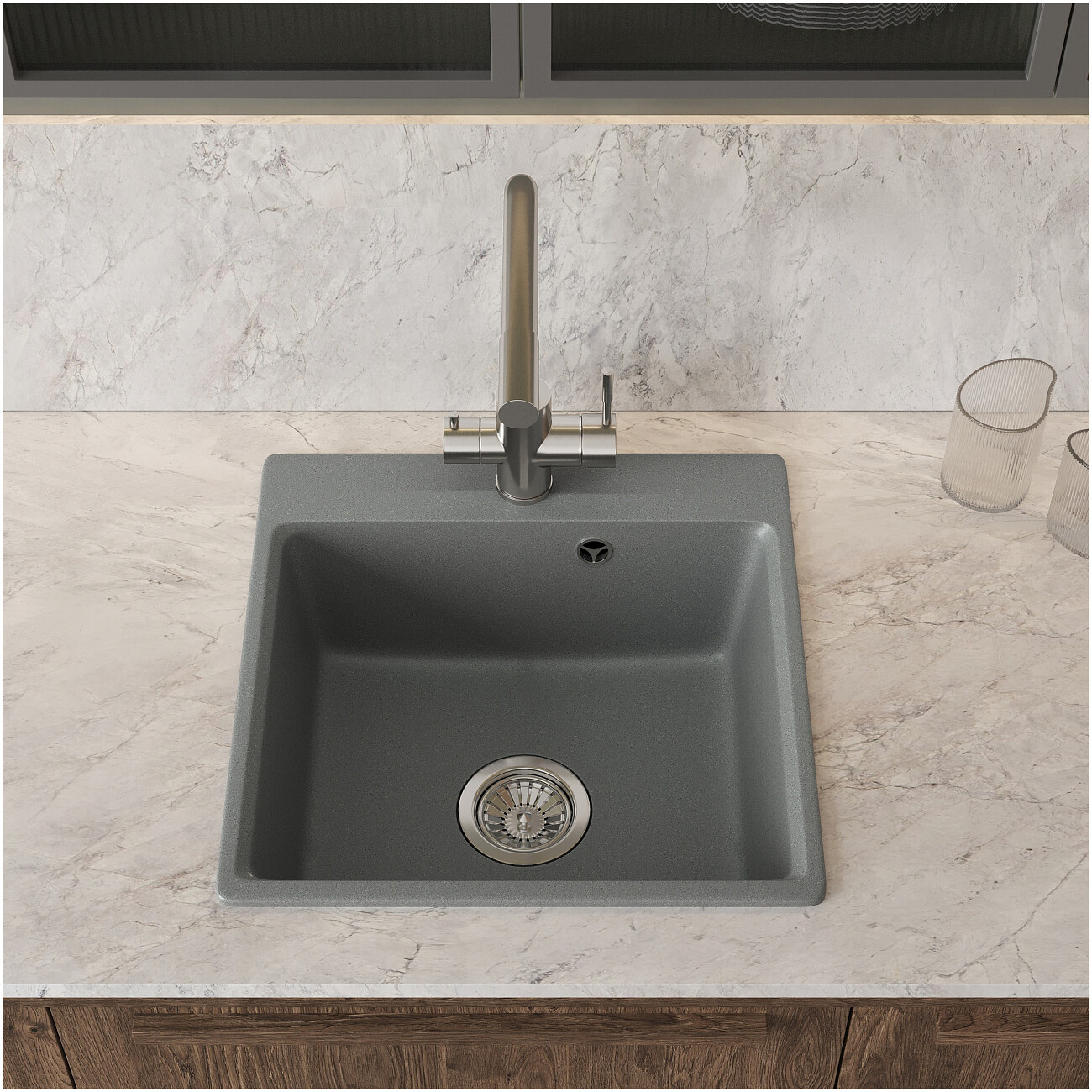 Мойка кухонная из искусственного гранита квадратная серая Domaci "Верона" 44-44 серая - изображение 3