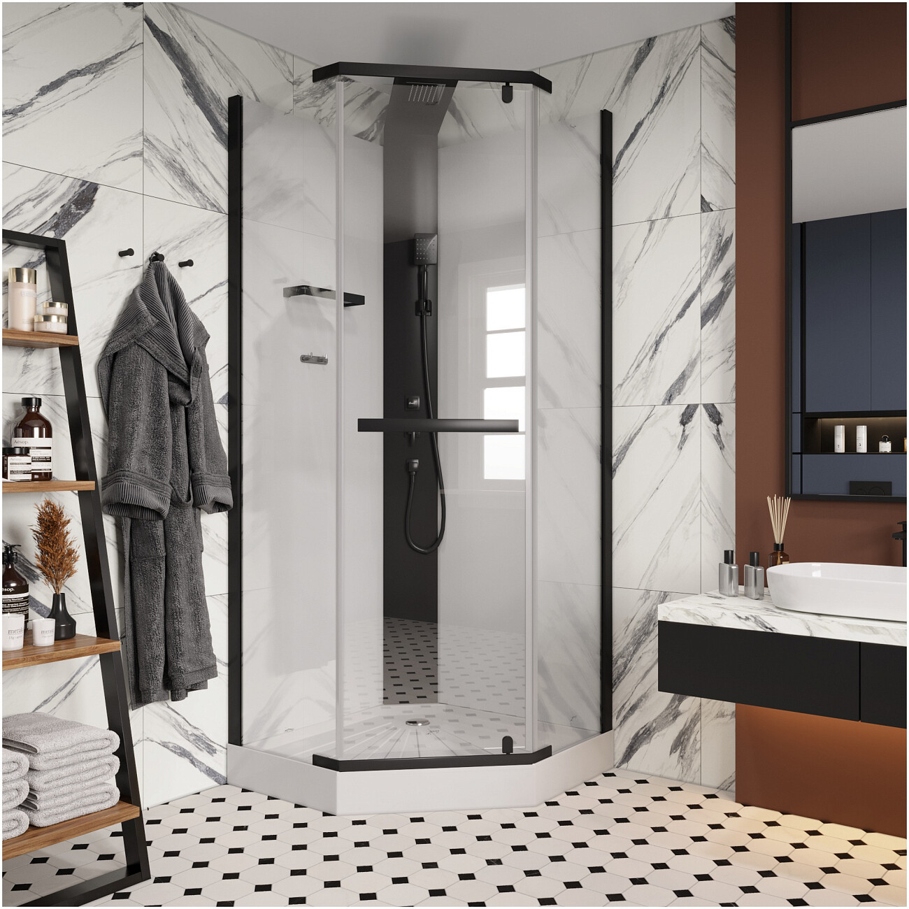 Душевая кабина пятиугольная без крыши с низким поддоном 90х90 см черная Cerutti SPA Chika 901B - изображение 19