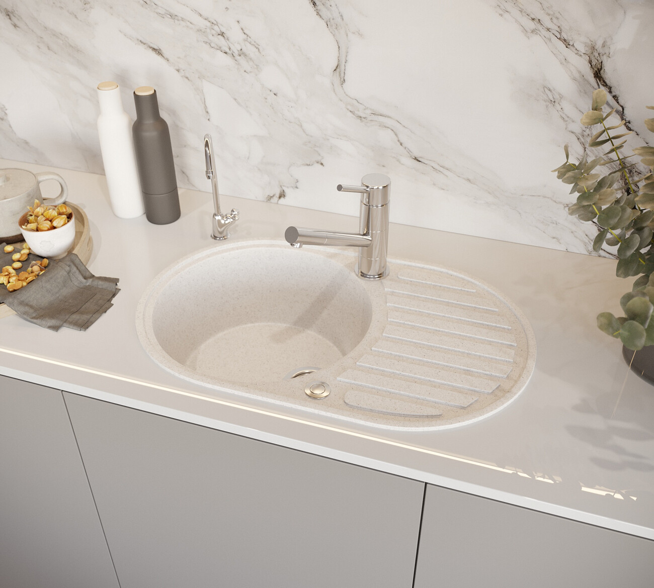Мойка кухонная овальная мраморная белая Domaci "Бьелла" DMC-18 - изображение 4