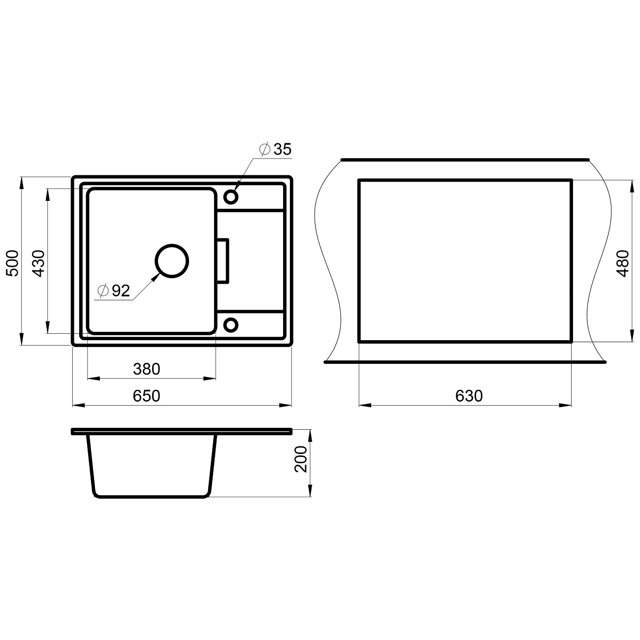 Мойка кухонная кварцевая прямоугольная 50х65 см графит Granula GR-6503 графит - изображение 2