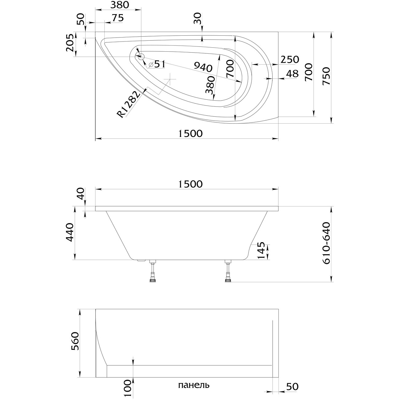 Ванна акриловая угловая левая 75х150 см белая Creto Palermo 13-15075L - изображение 3