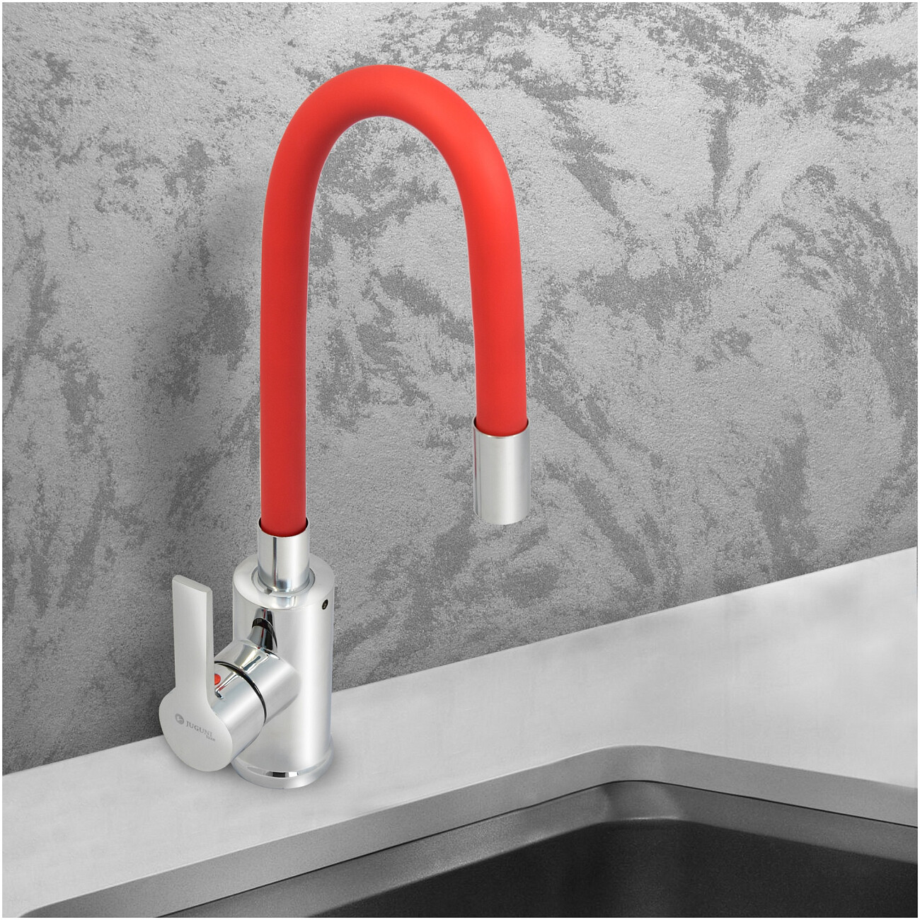 Смеситель для кухни однорычажный с гибким изливом красный, хром Juguni Luxe Capella 0402.484 - изображение 2