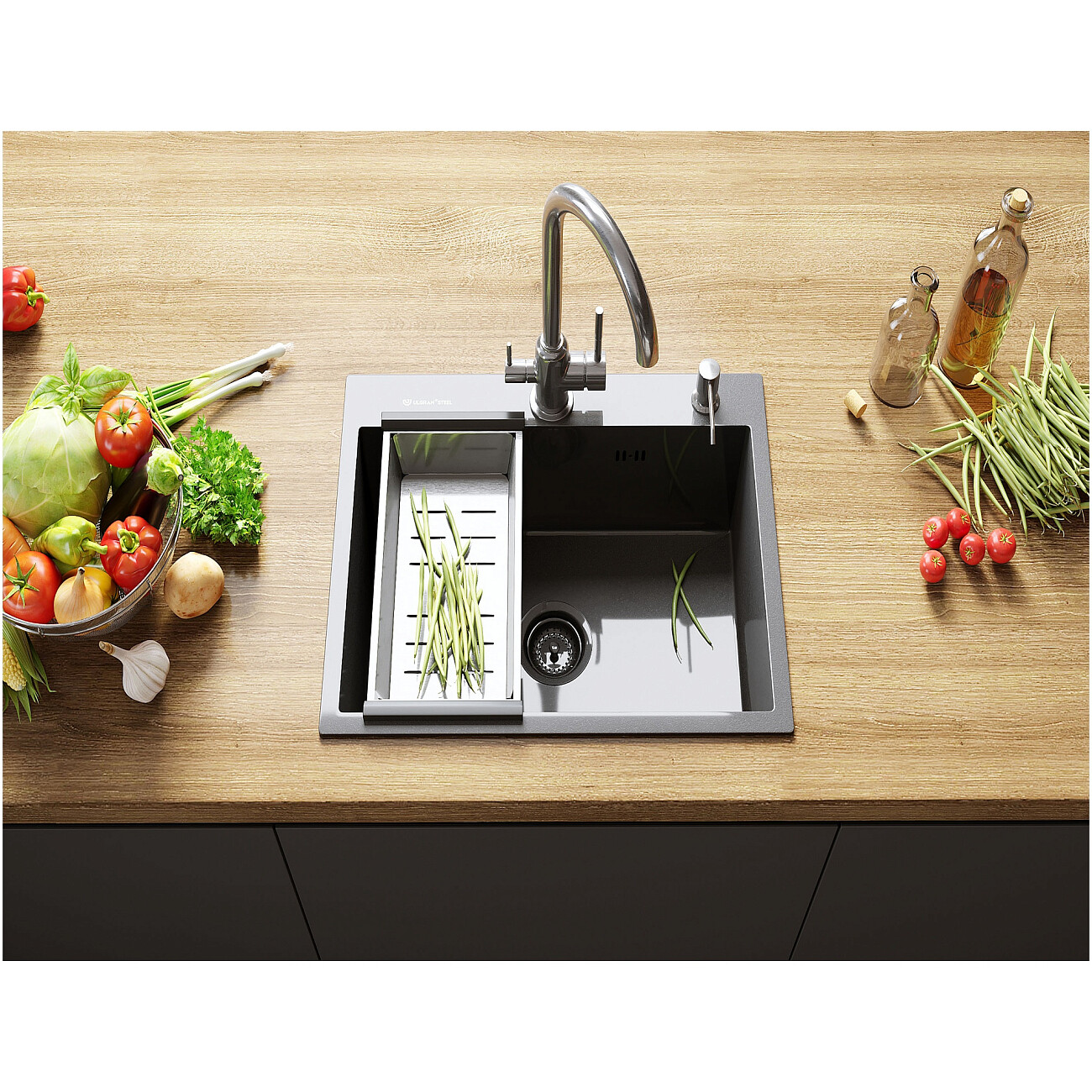 Мойка кухонная 60х45 см черная брашированная сталь Ulgran Steel US 600-002 - изображение 3