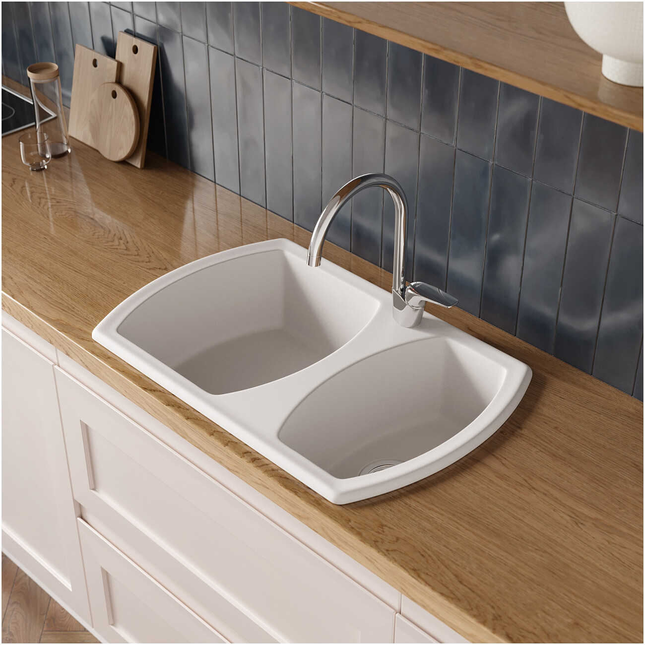 Мойка кухонная из искусственного гранита двойная белая Domaci "Верона" 78-50 белая - изображение 4