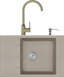 Мойка кухонная 78х50 см бежевая Domaci &quot;Солерно&quot; EMQ-1780.Q со смесителем EC-3004 и дозатором 401