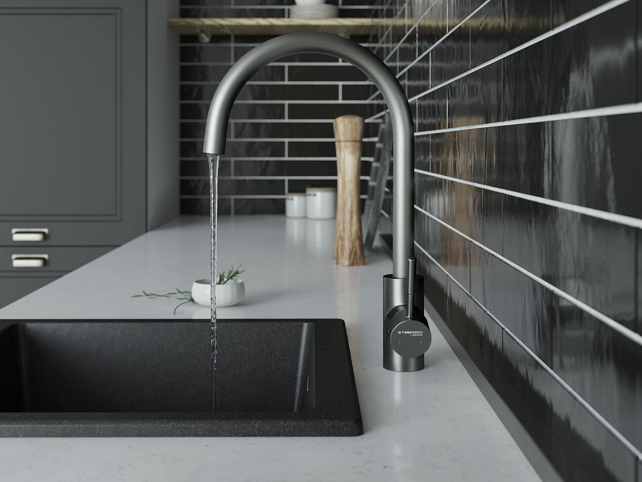 Смеситель для кухни однорычажный со встроенным изливом питьевой воды серый Stworki HSTW07200 - изображение 10
