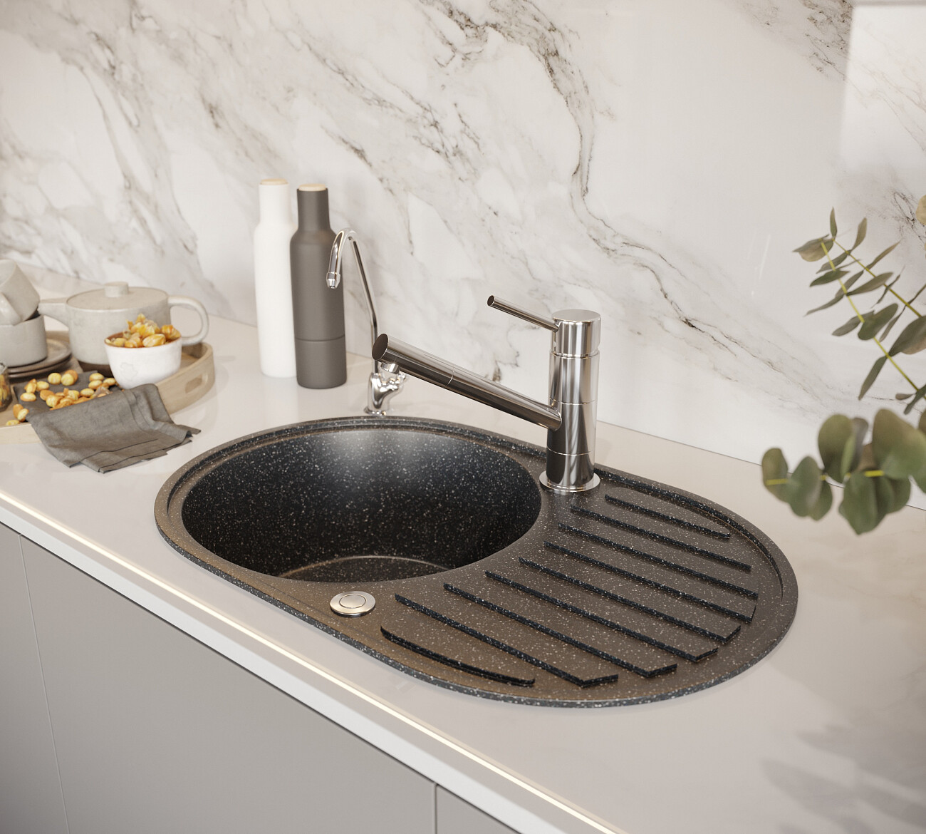 Мойка кухонная овальная мраморная черная Domaci "Бьелла" DMC-18 - изображение 7