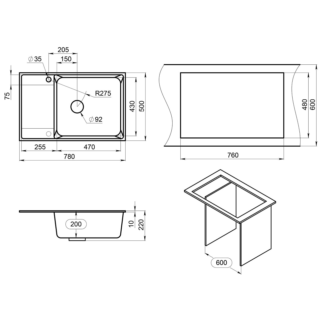 Мойка кухонная кварцевая прямоугольная 50х78 см белая Point "Этна 78" - изображение 2