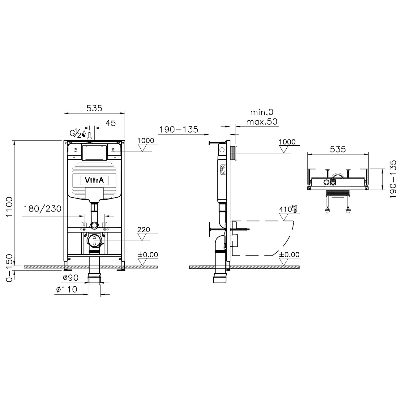 Унитаз подвесной с инсталляцией и кнопкой смыва хром Vitra Zentrum L-box 9012B003-7206 - изображение 3