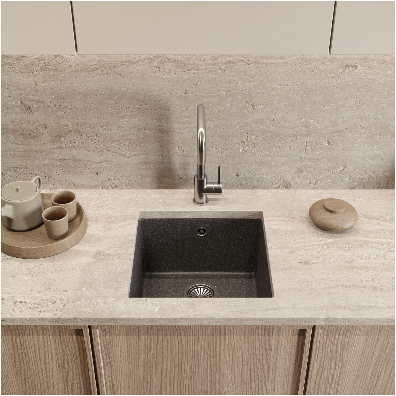 Мойка кухонная кварцевая квадратная 44 см серая Domaci "Римини" DG 44-503 - изображение 3