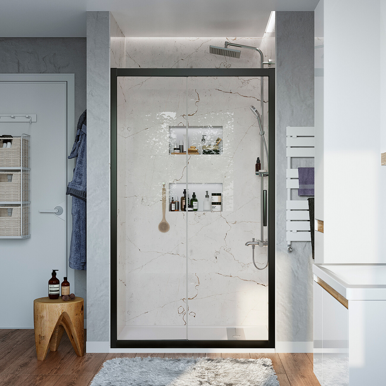 Душевая дверь в нишу раздвижная 120 см прозрачная, черный матовый Stworki "Стокгольм"  - изображение 2