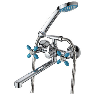 Смеситель для ванны двухвентильный с душевым гарнитуром хром, синий Ammore A4683-6