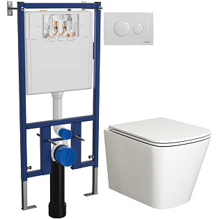 Унитаз подвесной Bauedge Stil BS0002 с инсталляцией Diwo 4501 и кнопкой смыва Diwo 7310