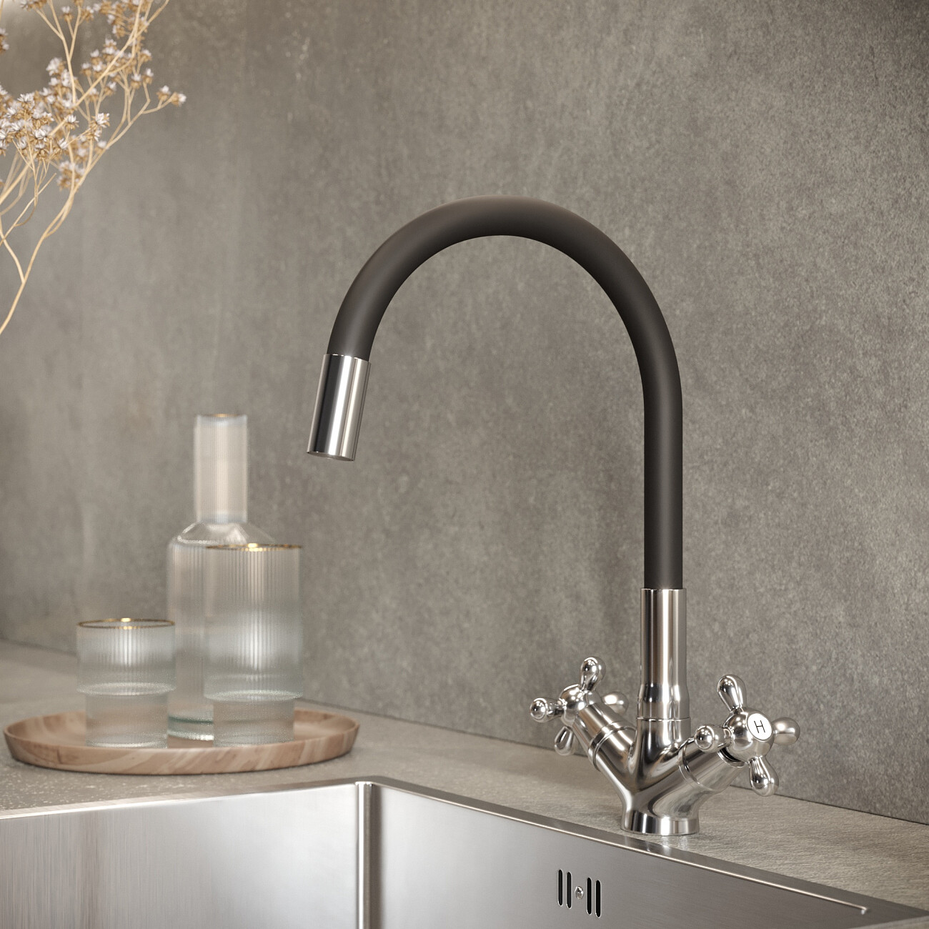 Смеситель для кухни с гибким изливом черный, хром Domaci "Равенна" D03-007cr - изображение 4