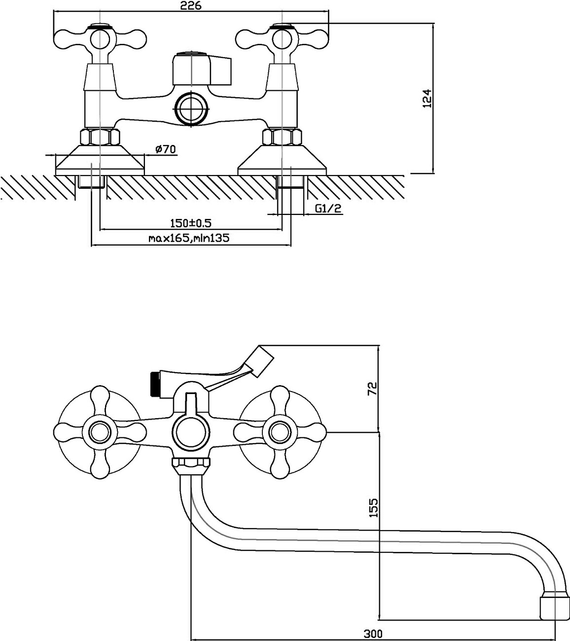 Смеситель универсальный двухвентильный с душевым гарнитуром хром Diwo "Анапа" AN-02cr - изображение 2