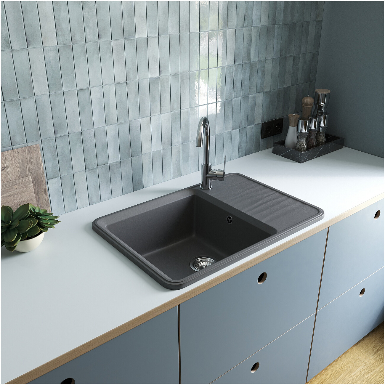 Мойка кухонная кварцевая прямоугольная 51х74 см серая Domaci "Римини" DG R-503 - изображение 4