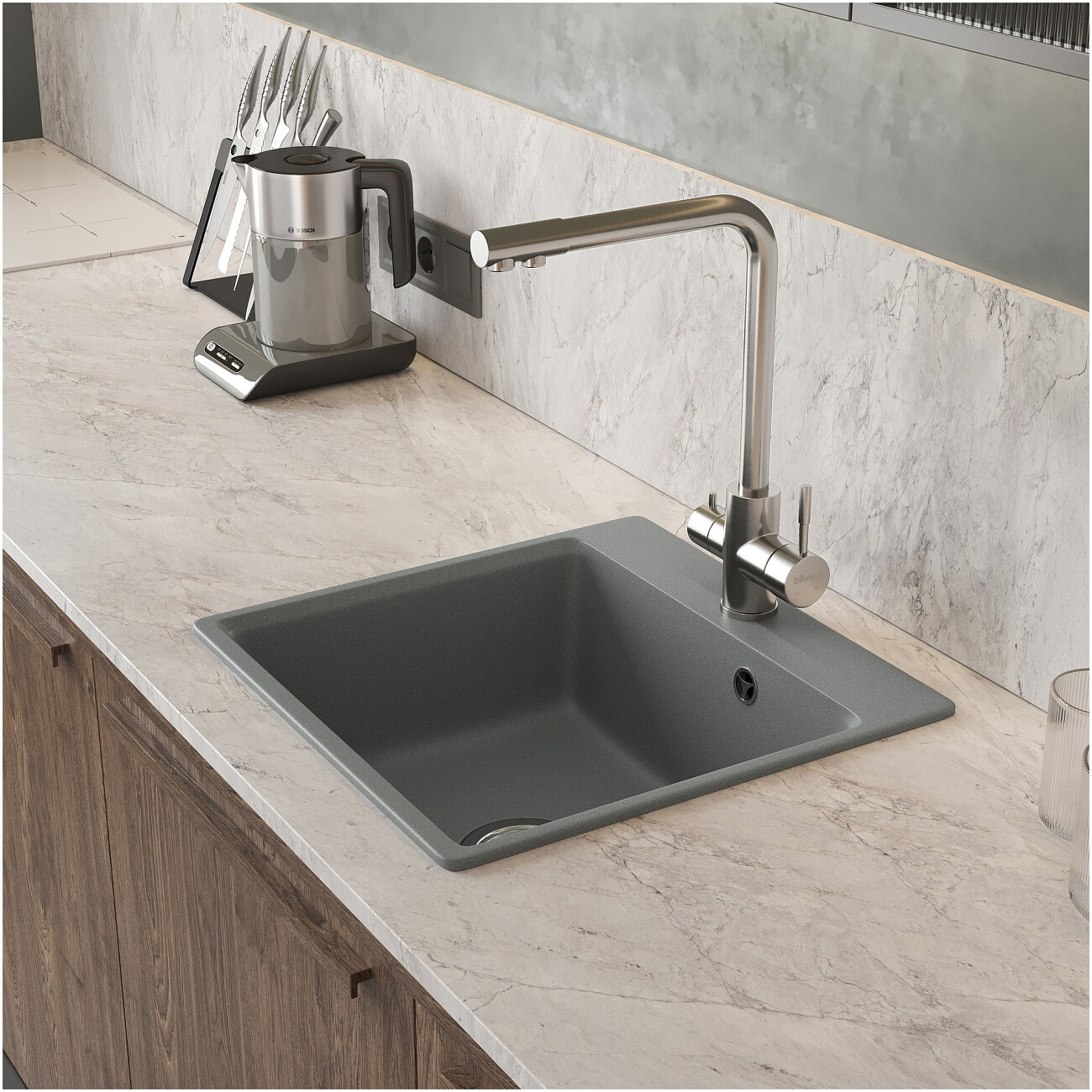Мойка кухонная из искусственного гранита квадратная серая Domaci "Верона" 44-44 серая - изображение 4