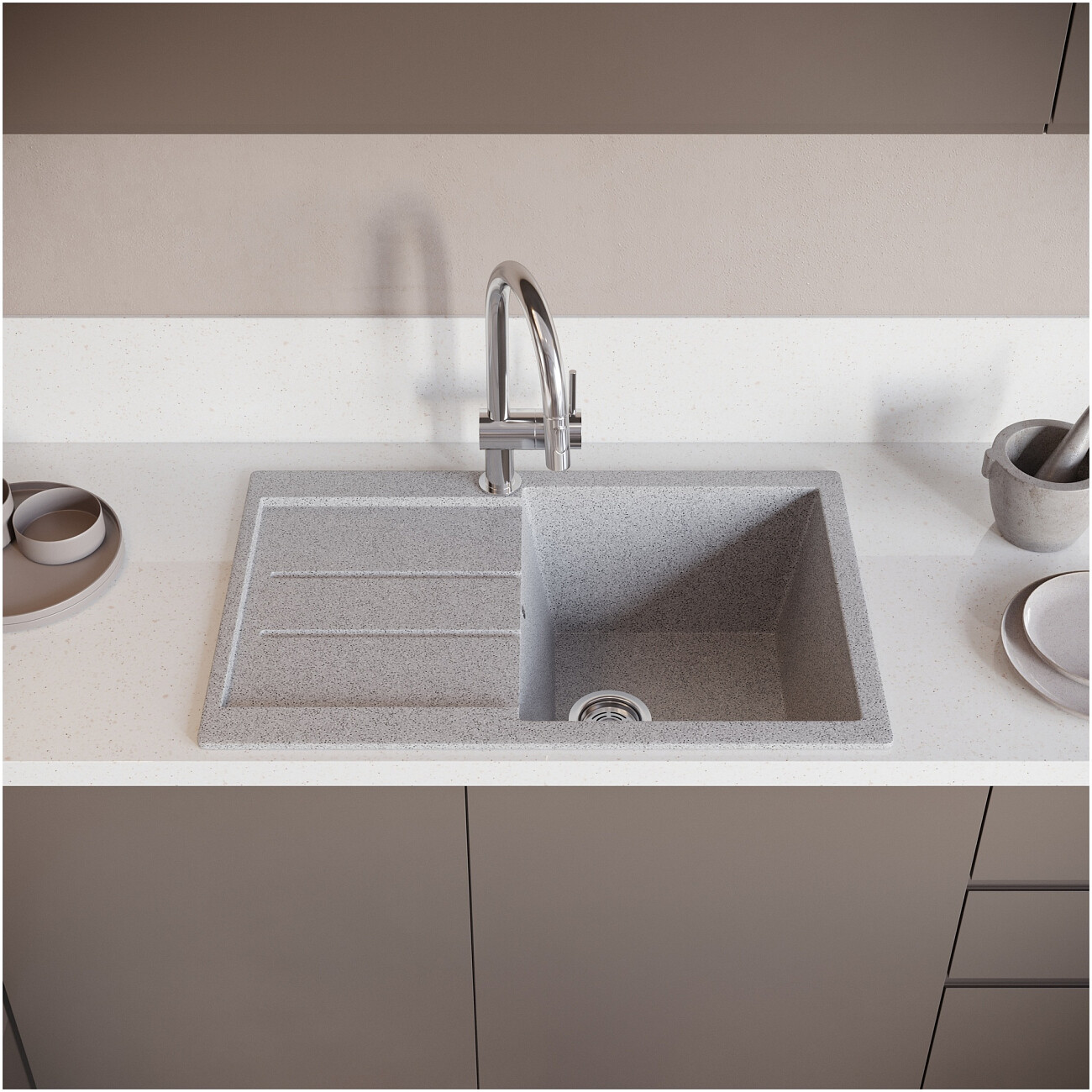 Мойка кухонная серая Domaci "Бьелла" DMC-25 со смесителем "Равенна" D99-120st - изображение 5