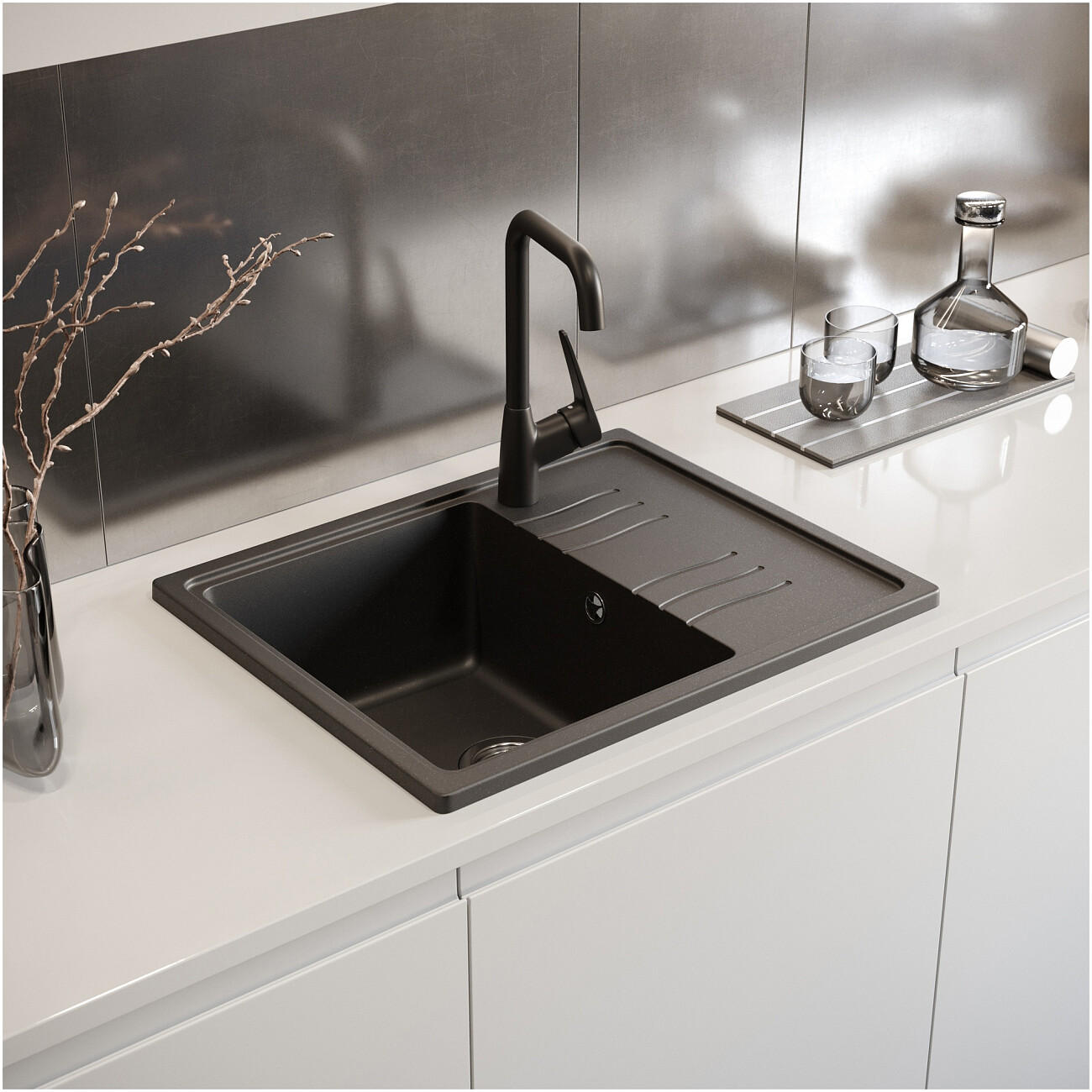 Мойка кухонная из искусственного гранита с крылом черная Domaci "Верона" 61-48 черная - изображение 4