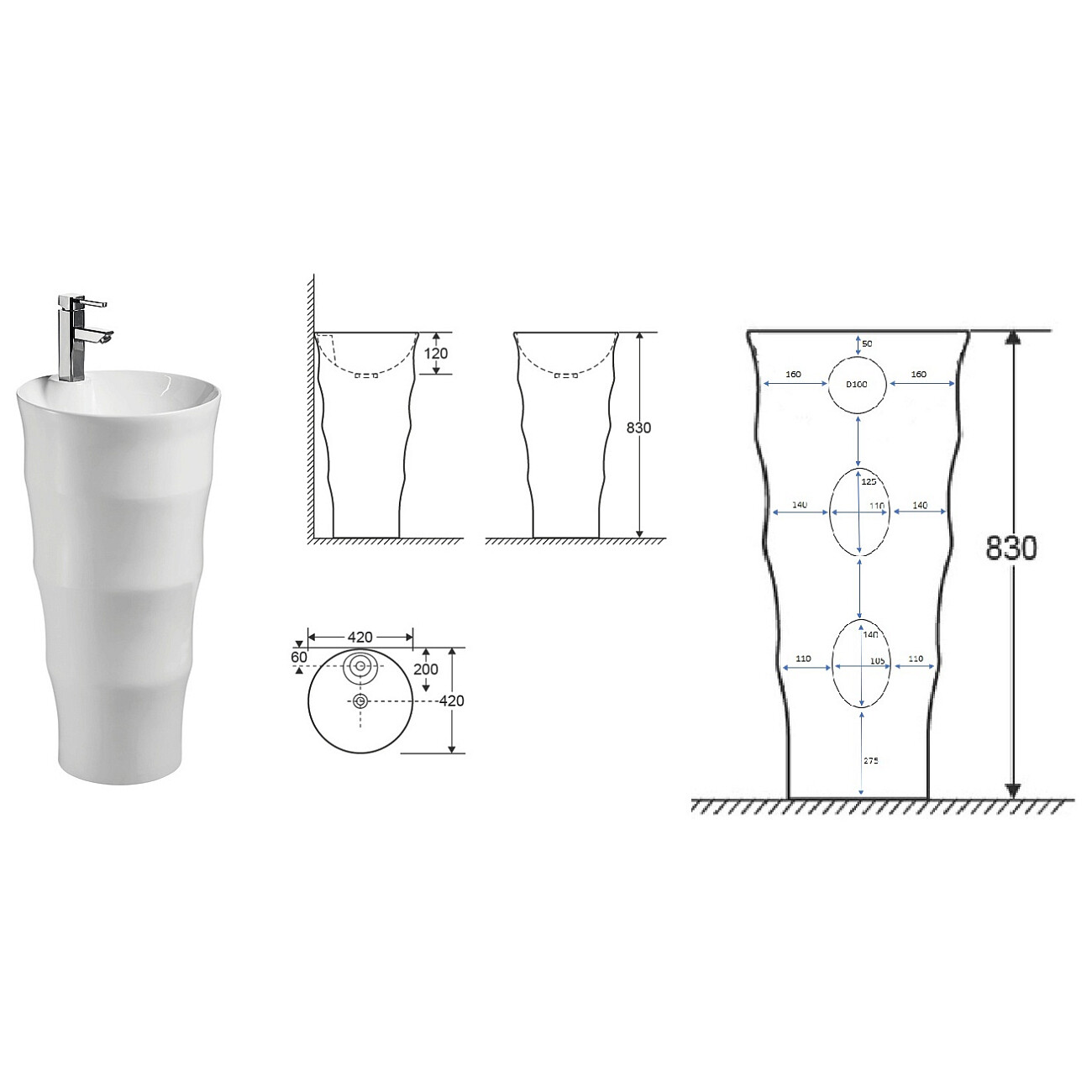 Раковина напольная фарфоровая круглая 83х42 см белая Cerutti SPA Marco CT7833 - изображение 3