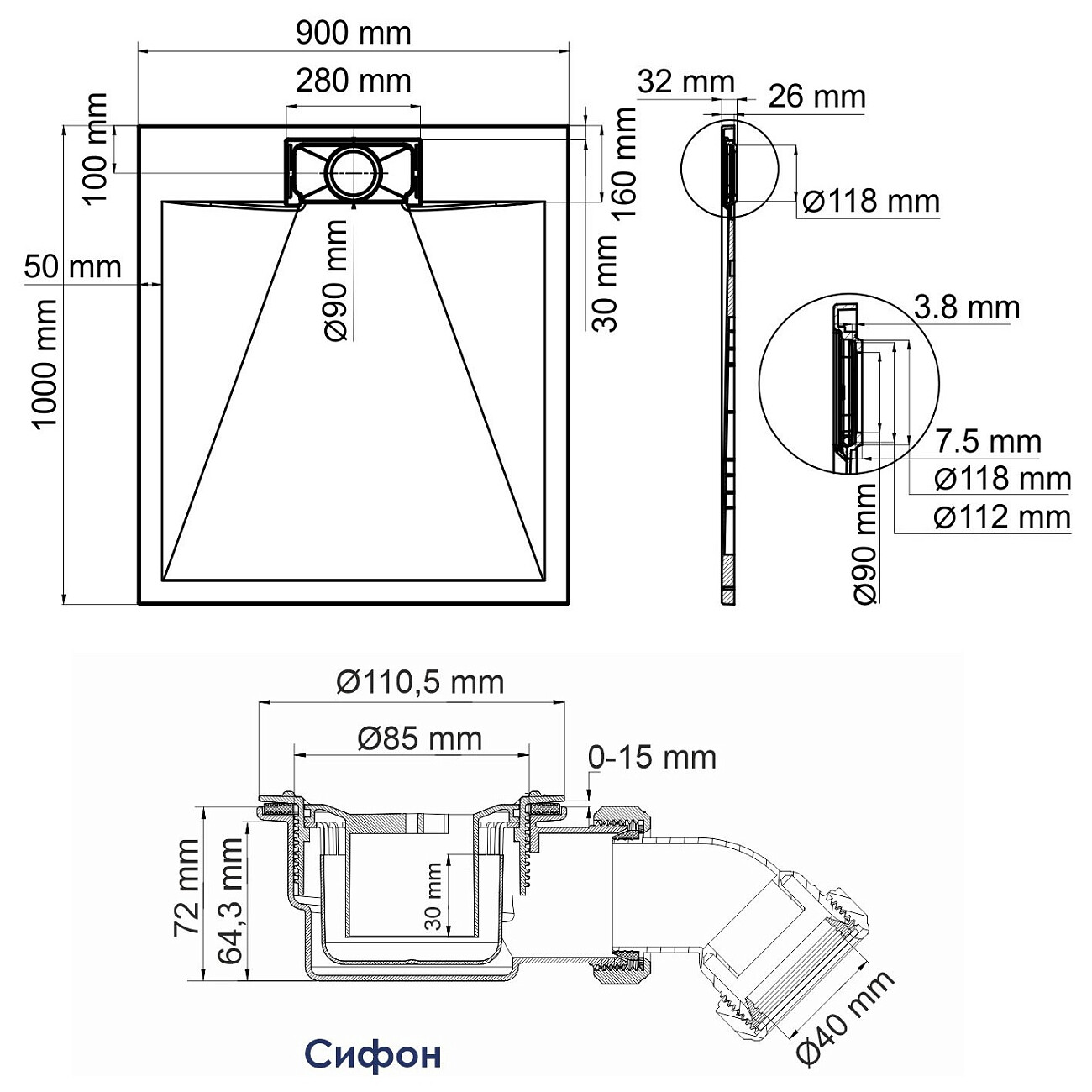 Душевой поддон 100х90 см серый Wasserkraft Elbe 74T22 9071283 - изображение 2