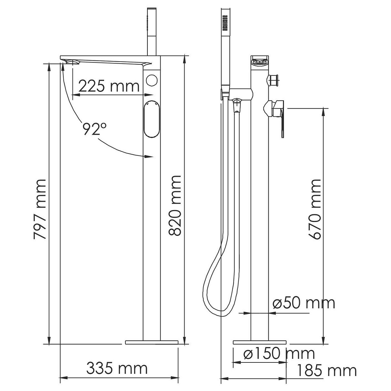 Смеситель для ванны напольный из латуни хром Wasserkraft 5821 - изображение 11