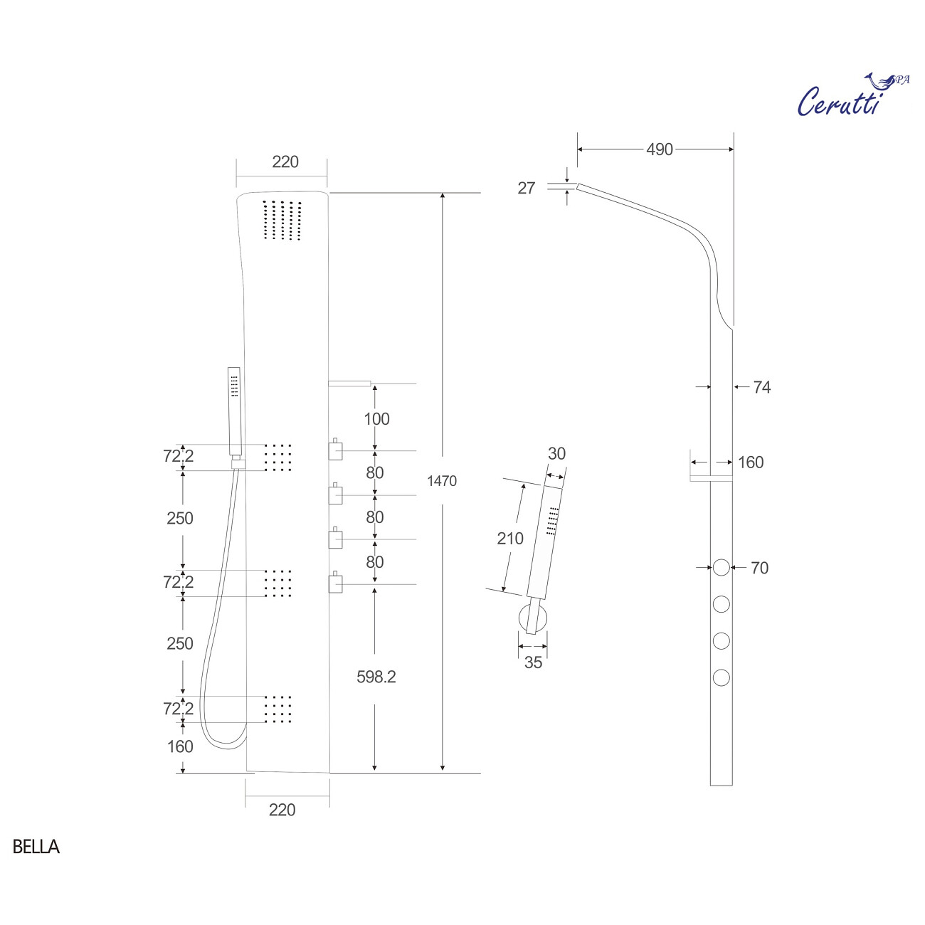 Душевая панель с гидромассажем 147х22 см черная Cerutti SPA Bella B CT9254 - изображение 4