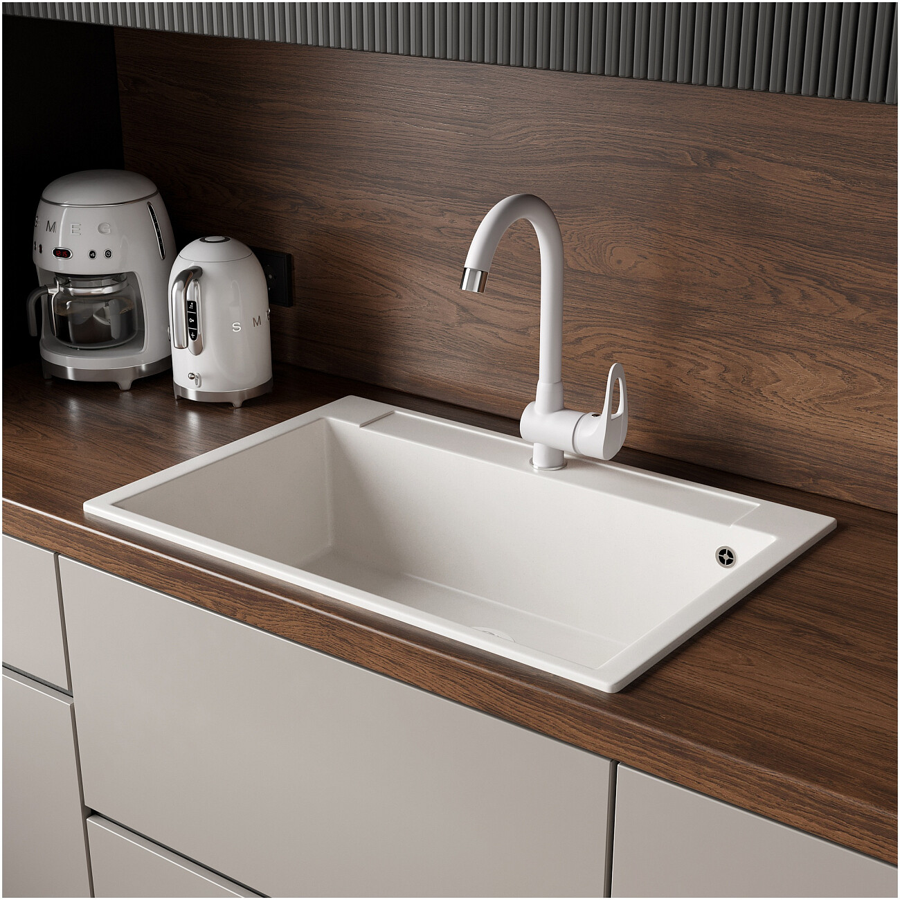 Мойка кухонная из искусственного мрамора прямоугольная 51х76 см Domaci белый хлопок "Савона" РА 760 - изображение 4