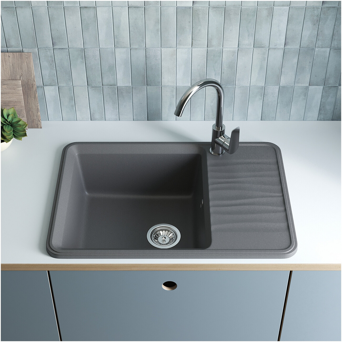 Мойка кухонная кварцевая прямоугольная 51х74 см серая Domaci "Римини" DG R-503 - изображение 3