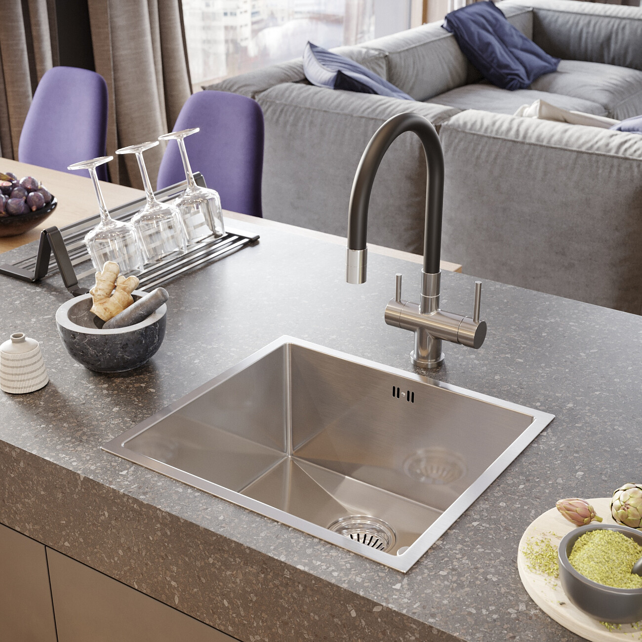 Смеситель для кухни однорычажный с гибким изливом черный, сатин Domaci "Равенна" DCB 3015 - изображение 3