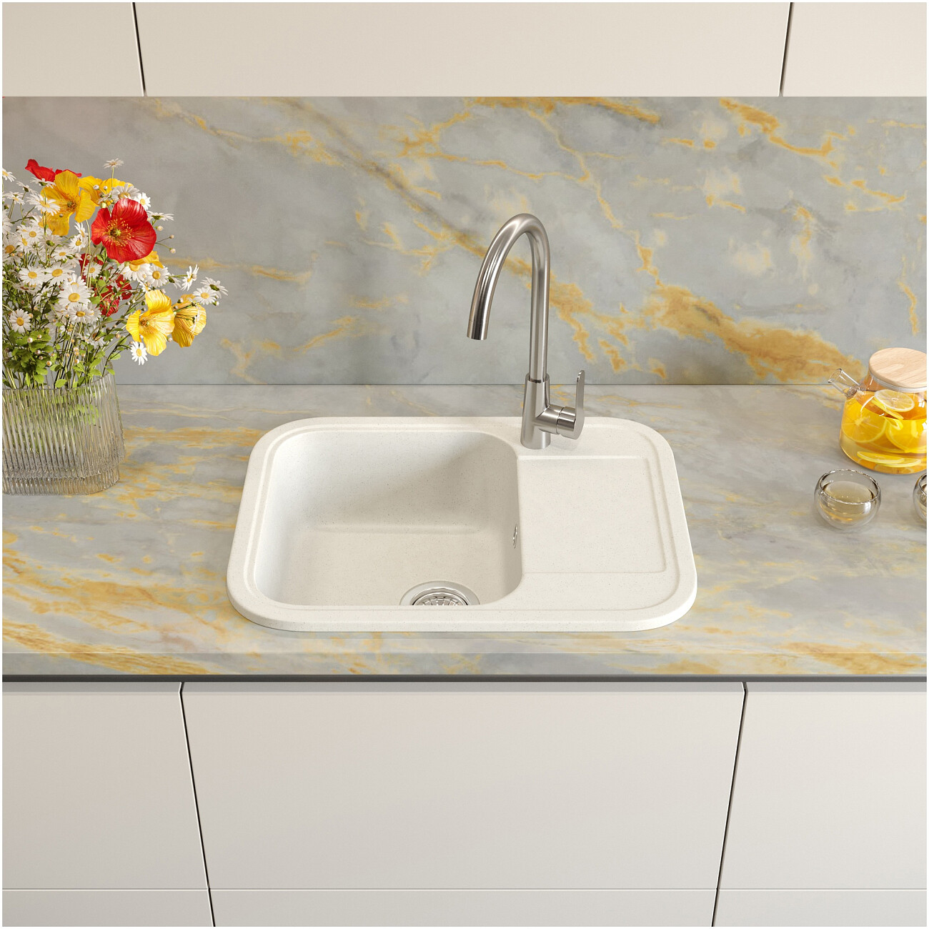 Мойка кухонная из искусственного мрамора прямоугольная белая Domaci "Парма" 61-47-200 - изображение 3
