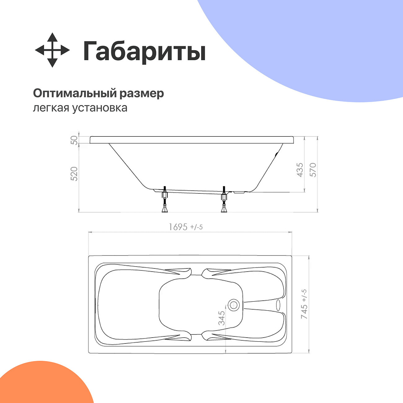 Акриловая ванна с ножками 170x75 см белая Diwo "Самара" Щ0000046595, Щ0000048583 - изображение 7