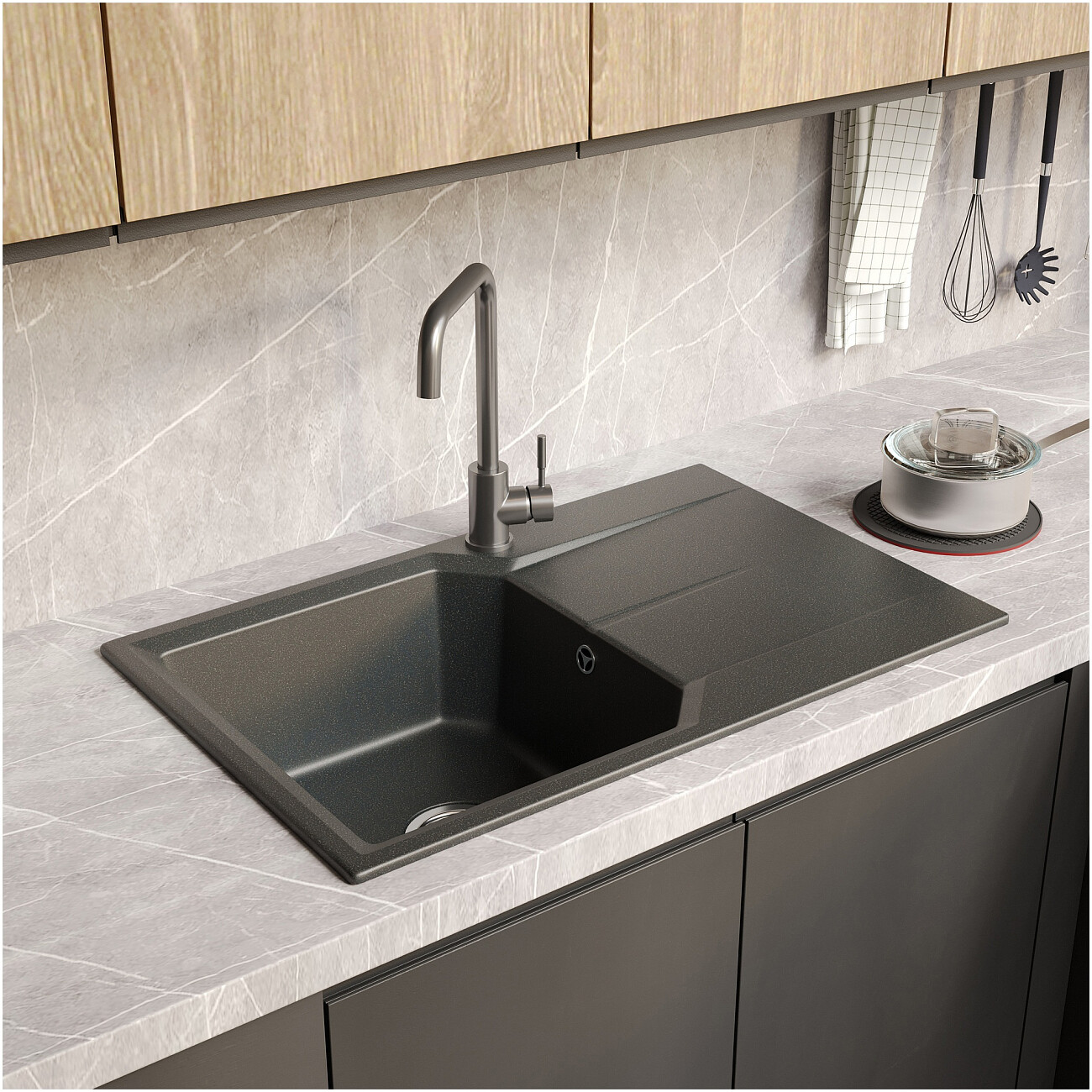 Мойка кухонная из искусственного мрамора прямоугольная 49х78 см антрацит Domaci "Парма" 78-49-225 - изображение 3