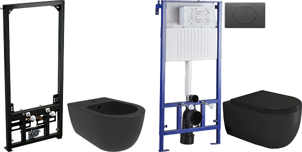 Биде подвесное с инсталляцией и унитаз с инсталляцией и кнопкой смыва черные 590485 - изображение 1