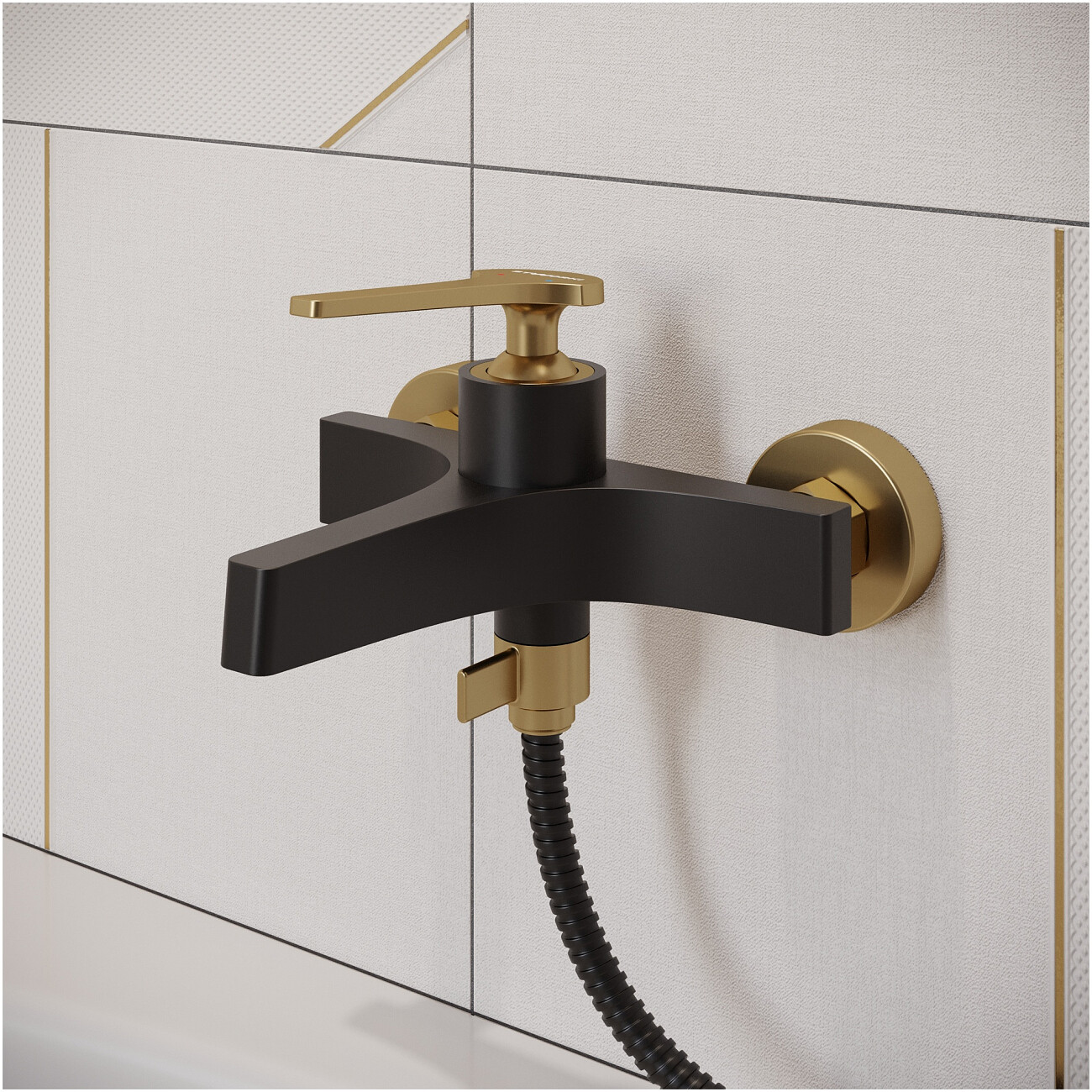 Смеситель для ванны с душем настенный черный, золотой Stworki "Аулум" S06100BG - изображение 5