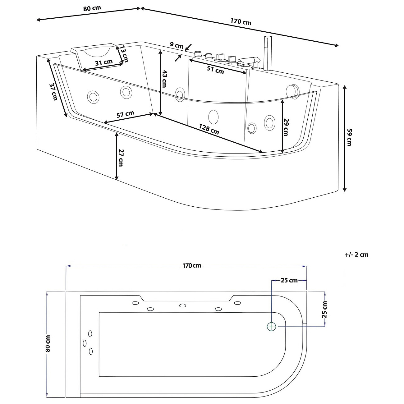 Ванна акриловая ассиметричная правая с гидромассажем 80х170 см белая Cerutti SPA C-403A R - изображение 3