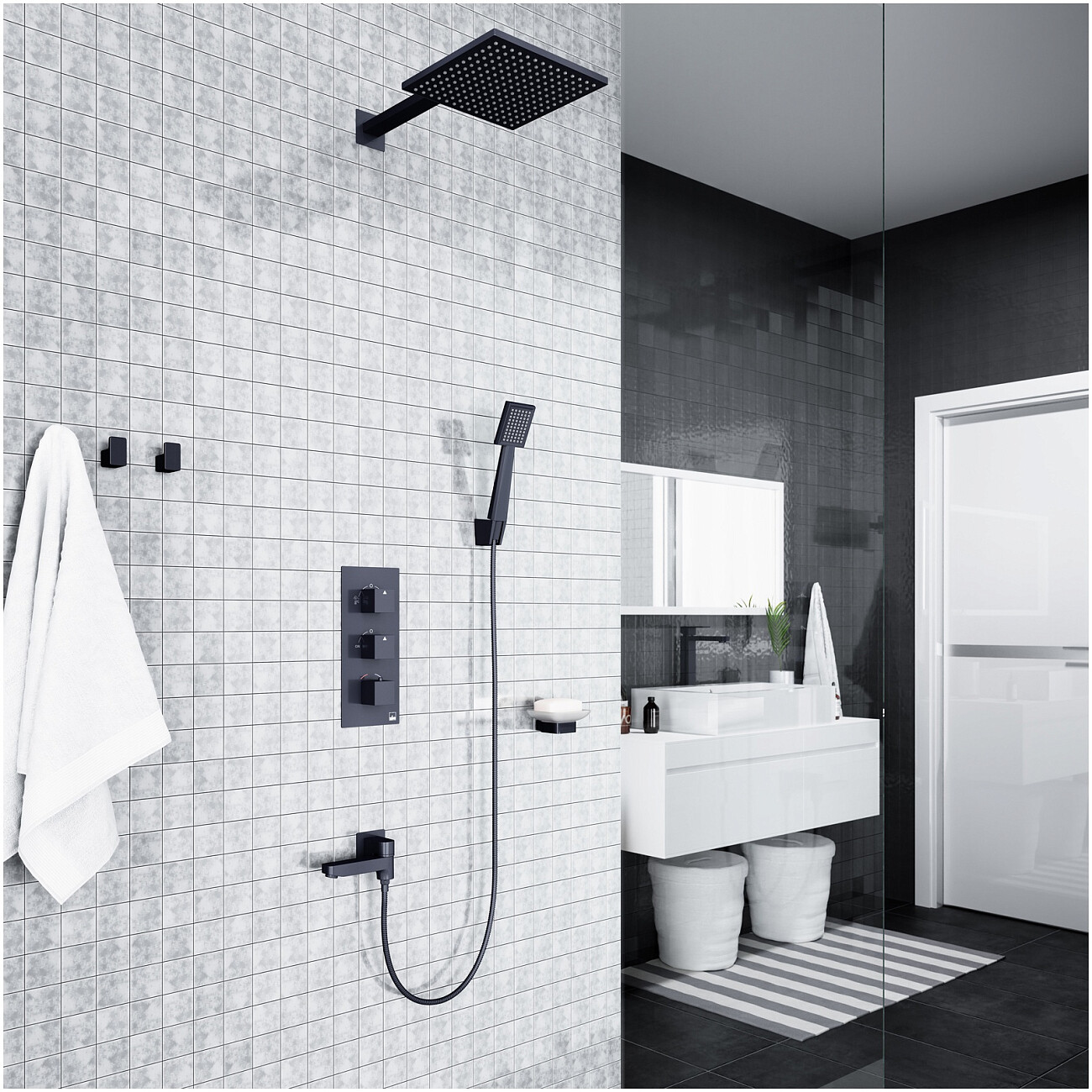 Душевой комплект встроенный с термостатом и тропическим душем черный Timo Tetra-thermo SX-0199-03SM - изображение 2