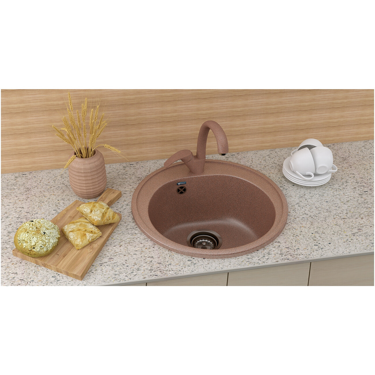 Кухонная мойка мраморная круглая 50 см черная Ulgran U-101-308 - изображение 3