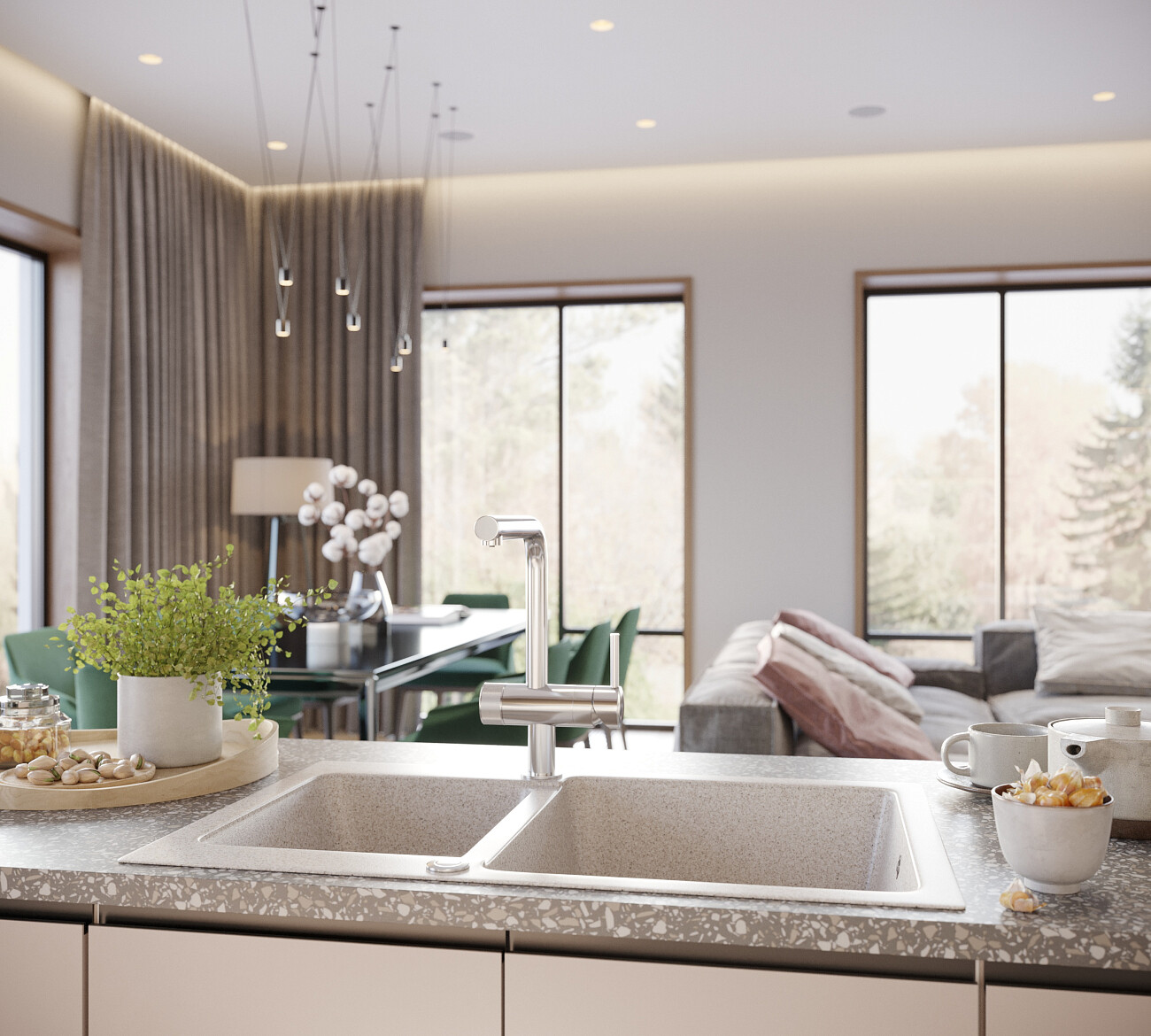 Мойка кухонная прямоугольная мраморная бежевая Domaci "Бьелла" DMC-76K-328 - изображение 4