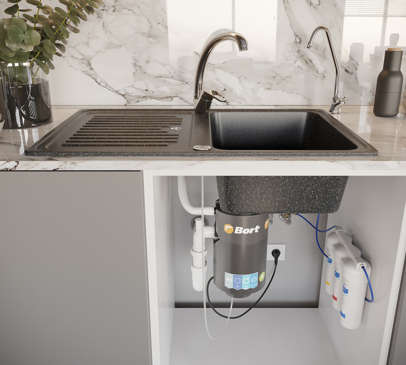 Мойка кухонная из искусственного мрамора прямоугольная 51х78 см черная Domaci "Бьелла" DMC-78 - изображение 8