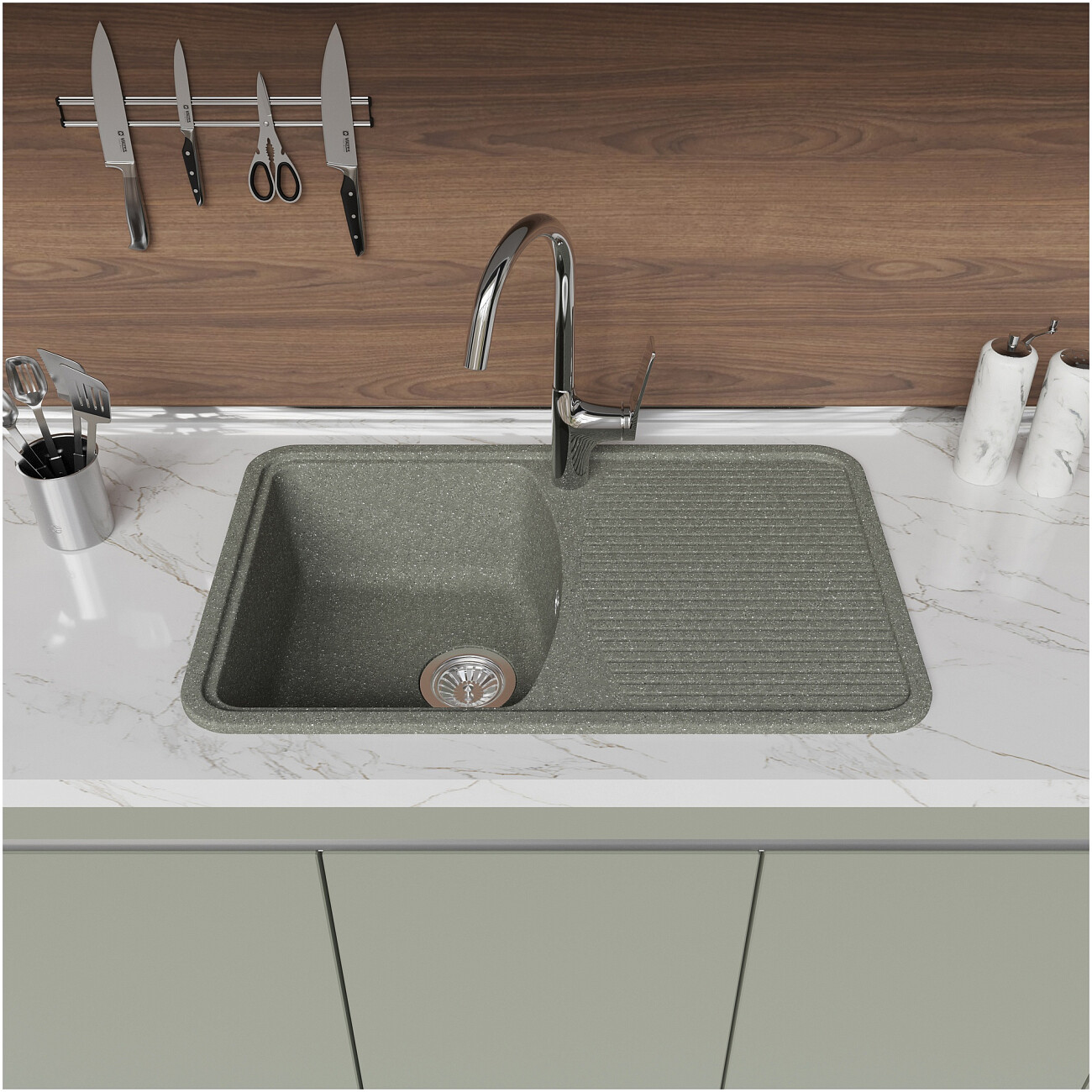 Мойка кухонная из искусственного мрамора серая Domaci "Парма" 76-47-251 - изображение 3