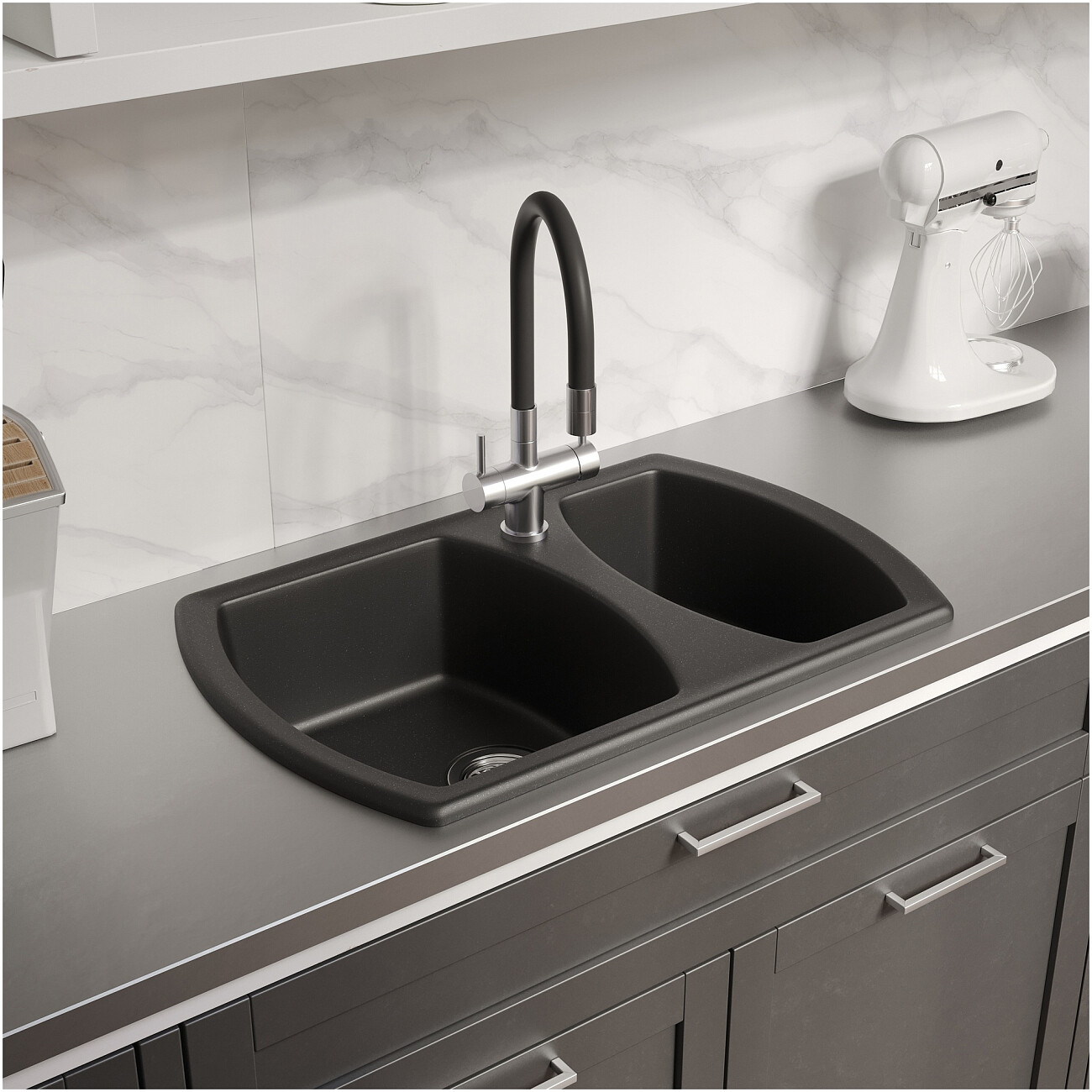 Мойка кухонная из искусственного гранита двойная черная Domaci "Верона" 78-50 черная - изображение 4