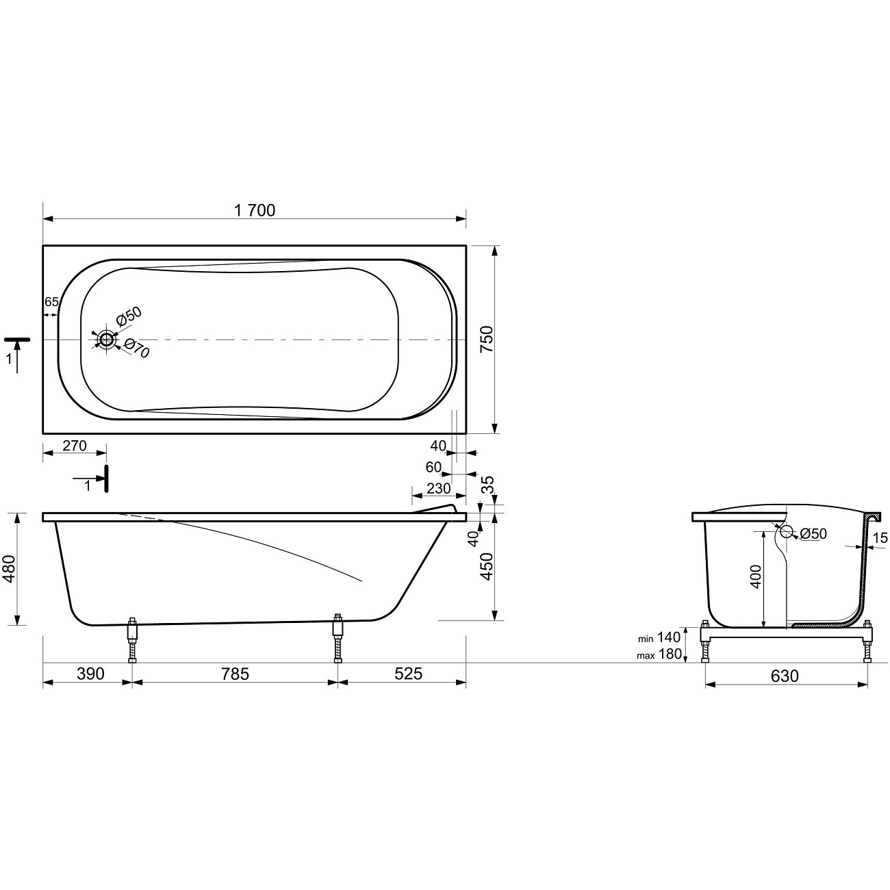 Ванна из искусственного камня прямоугольная с ножками 170x75 см белая Stworki "Вестфолл" - изображение 2