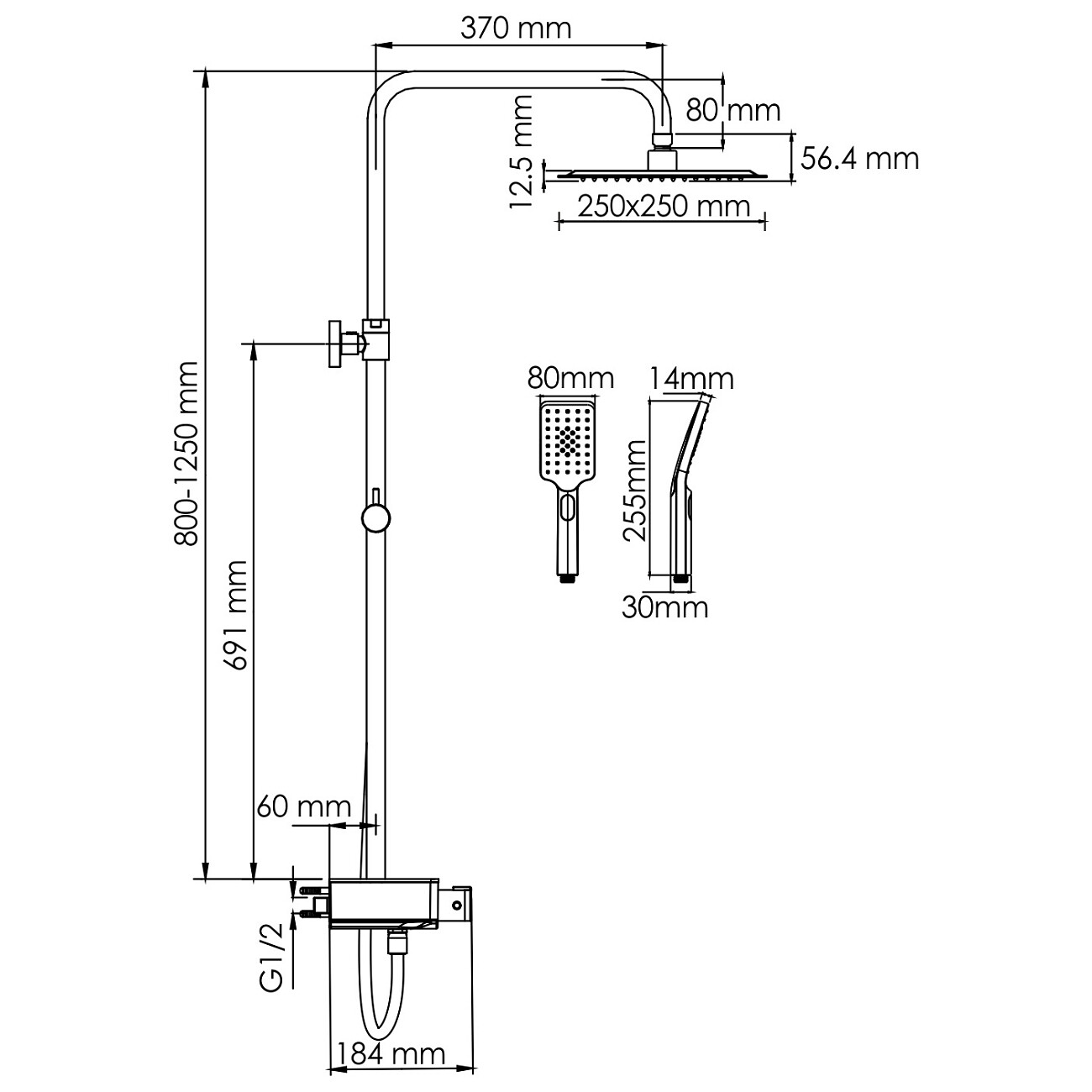 Душевой комплект с верхним душем и лейкой черный, хром Wasserkraft A114.255.130.CB Thermo - изображение 3