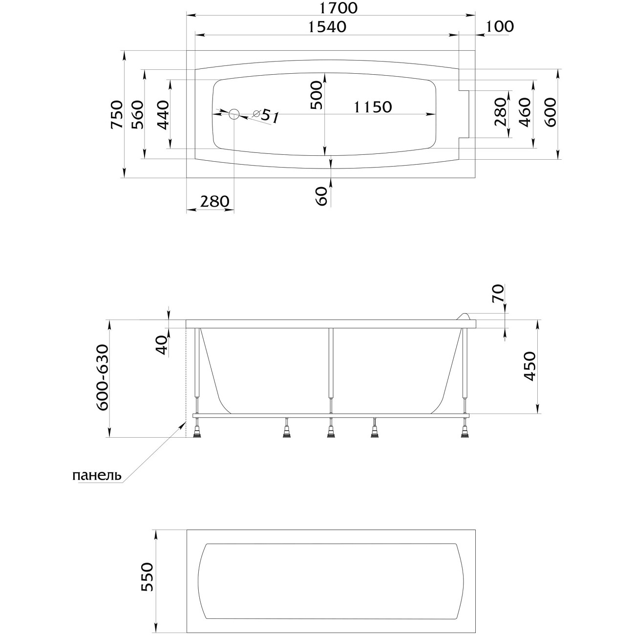 Ванна акриловая 75х170 см белая Creto Elite 11-17075 - изображение 8