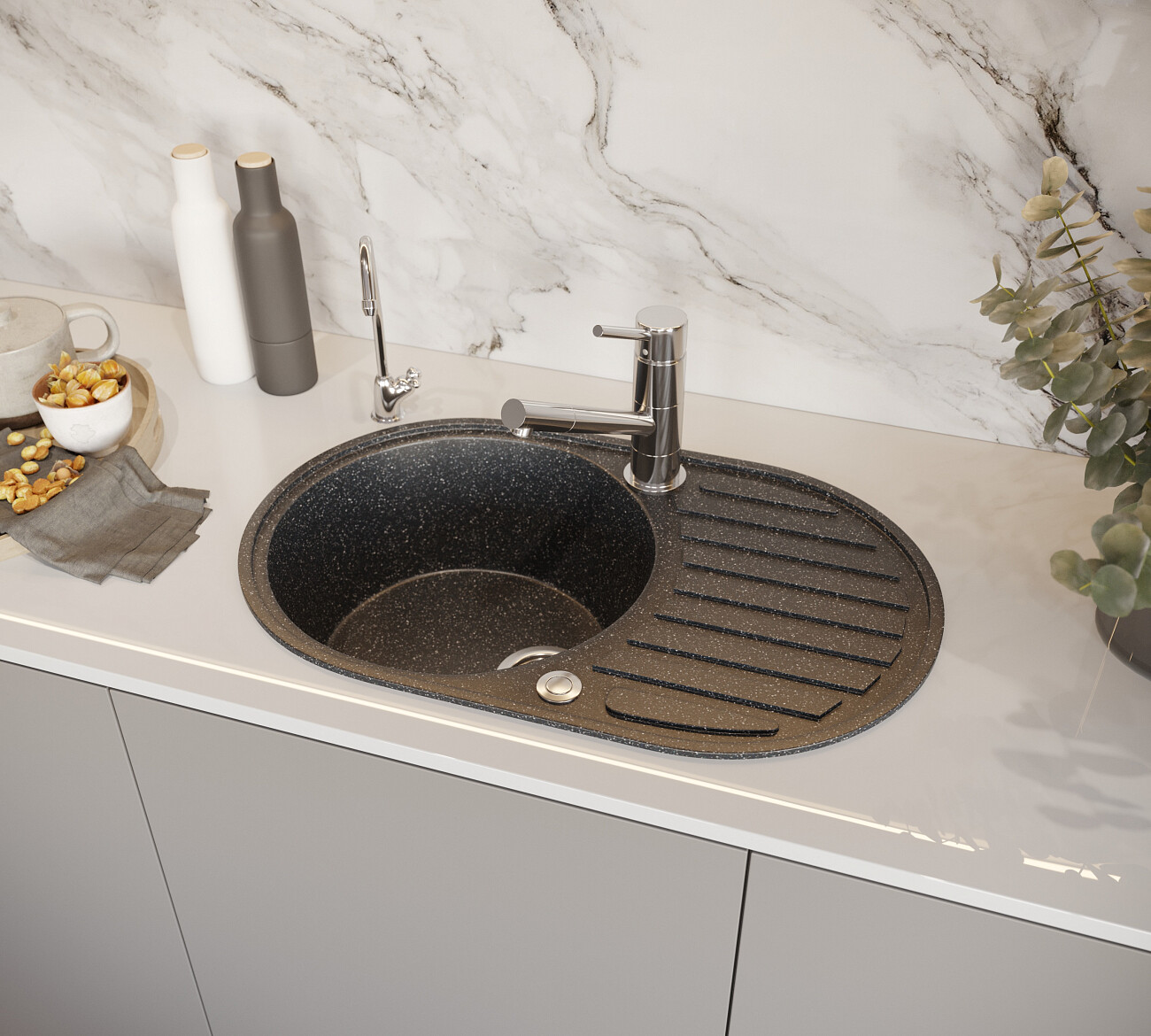 Мойка кухонная овальная мраморная черная Domaci "Бьелла" DMC-18 - изображение 5